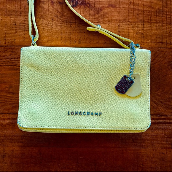 Longchamp Yellow Leather Flap Crossbody Bag Purse Crosshatched 8"W x 5"H x 1.5"D - Picture 3 of 16